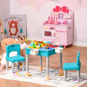HOMCOM Conjunto de mesa e 2 cadeiras para crianças com 135 blocos de construção Mesa em ambos os lados Útil para desenhar e jantar com grande armazenamento 69x69x47 cm Multicolor