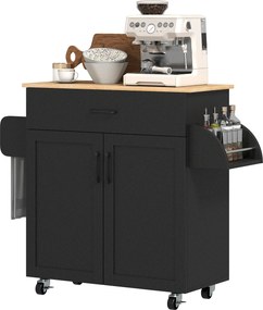 Carrinho de cozinha 105 x 36 x 85 cm em ilha com múltiplas opções de arrumação: gavetas, armário de 2 portas com prateleira ajustável, preto