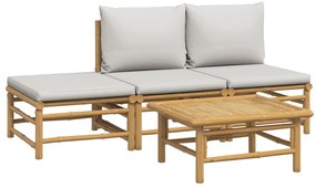 4 pcs conj. lounge de jardim bambu c/ almofadões cinzento-claro
