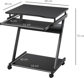 Secretária para Computador com Rodas 60x48 cm com Prateleira Deslizante para Teclado e Prateleira Inferior Estrutura Metálica Preto