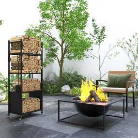 Suporte para Lenha com Rodas de 4 Níveis com Pá Escova Atiçador e Tenaz para Interior e Exterior 45x30x118 cm Preto