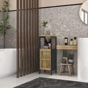 Móvel baixo de casa de banho 32 x 30 x 90,5 cm em bambu com armário de 1 porta e compartimento aberto, preto e cor madeira
