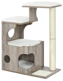 FEANDREA PCT070G01 Arranhador para gatos, 86 cm, tamanho médio, com 3 áreas de descanso e caverna, árvore para gatos feita de MDF com revestimento de madeira, tronco de sisal, almofadas de pelúcia laváveis, cinza e branco