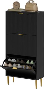 Sapateira com capacidade para 18 pares 60 x 24 x 122,5 cm, com 3 gavetas rebatíveis, portas caneladas e prateleiras ajustáveis, preto
