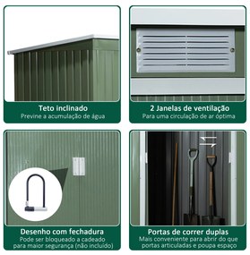 Abrigo de Jardim 280x130x172cm Abrigo de Exterior de Aço Galvanizado com Porta Corredeira e Ventilações para Armazenamento de Ferramentas Verde Claro