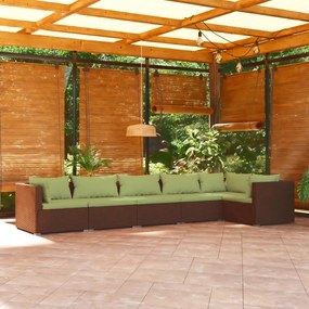 6 pcs conjunto lounge de jardim c/ almofadões vime PE castanho
