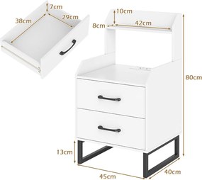 Mesa de cabeceira com estação de carregamento integrada, luzes LED, 2 gavetas e prateleira aberta para quarto, corredor ou sala, branca