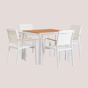 Conjunto De Mesa Quadrada 90x90 Cm Em Madeira De Eucalipto Archer Classic E 4 Cadeiras De Jardim Empilháveis Em Alumínio Archer Gardénia Branco -