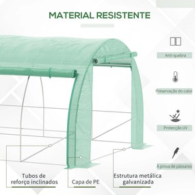 Estufa de Túnel de Jardim 397x300x200 cm com Porta Lateriais e Janelas Enroláveis Cobertura de PE 140g/m² e Metal Galvanizado Verde