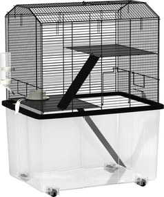 PawHut Gaiola para Hamster com Base Funda, Plataforma, Comedouro, Bebedouro, Rampa e Rodas 57x43x74 cm Preto | Aosom Portugal