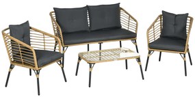 Outsunny Conjunto de Móveis de Vime com Sofá de 2 Lugares 2 Poltronas Mesa de Centro e 4 Almofadas Marrom Claro e Cinza Escuro | Aosom Portugal