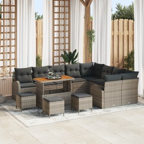 Conjunto de Sofá de Jardim de 13 Peças com Almofadas Cinzento Vime Poli Acácia