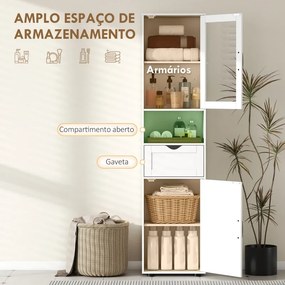 Coluna Casa de Banho ou armário de cozinha 40x30x165 cm com Porta de Vidro Prateleiras Ajustáveis Gaveta e Prateleira Aberta Branco