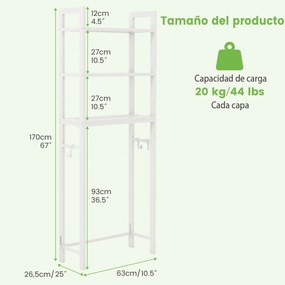 Estante casa de banho sobre a sanita de metal que economiza espaço com 3 ganchos e 3 níveis 63 x 26,5 x 170 cm Branco