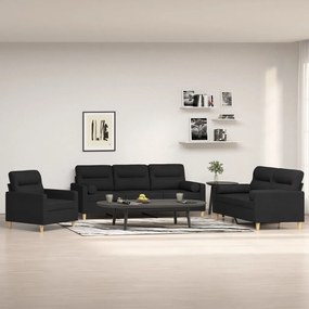vidaXL 3 pcs conjunto de sofás c/ almofadões tecido preto