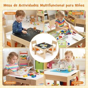 Conjunto de mesa e duas cadeiras infantis com tampo duplo, gavetas de tecido e estrutura de madeira para desenhar, ler ou brincar Natural