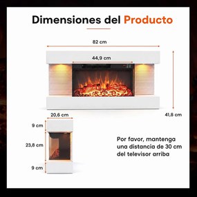 Lareira Elétrica de Parede com Vista por Três Lados, 82 x 20,6 x 41,8 cm, Controlo por Wi-Fi, Branco