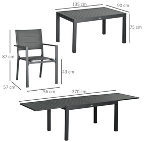 Outsunny Conjunto Móveis de Jardim 9 Peças Conjunto de Refeição para Varanda com Mesa Extensível 8 Cadeiras Empilháveis Estrutura de Alumínio e Assento de Textilene 135-270x89x74cm Cinza