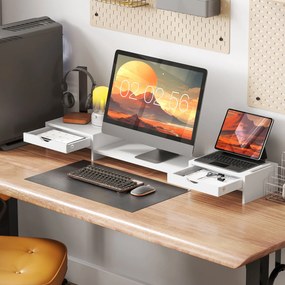 Suporte elevatório para monitor de computador de secretária, 60-116 C x 22 L x 12 A cm, com 2 gavetas, comprimento e ângulo ajustáveis branco
