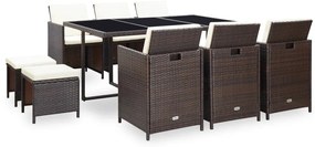 vidaXL 11 pcs conjunto jantar exterior com almofadões vime PE castanho