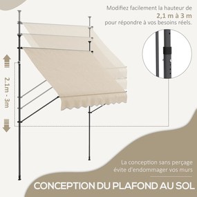 Toldo retrátil manual autoportante, 2,5 m (L) x 1,2 m (P) x 2,1–3 m (A), inclinação ajustável, metal, alumínio, poliéster, cor areia