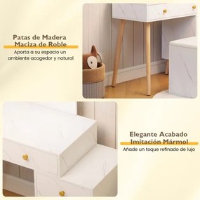 Toucador com espelho e luzes 3 luzes ajustáveis 5 gavetas e banco acolchoada Acabamento em mármore artificial branco