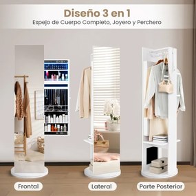 Espelho Armário para joias giratório 360 ° com cabide espelhado independente e luzes LED 50 x 50 x 166,5 cm branco