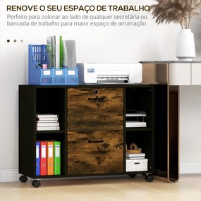 Armário para Impressora com Rodas e 2 Gavetas Fechadura e Prateleiras Abertas 90x3,5x68,5 cm Castanho Rústico e Preto