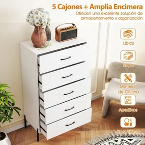 Comoda alta com 5 gavetas 71 x 40 x 125 cm, pés e puxadores de metal com gavetas Branco