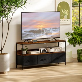 Móvel de TV, móvel para televisores até 55 polegadas, com 3 gavetas e pés em aço, 120 x 29 x 56 cm, castanho rústico