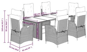 7 pcs conjunto de jantar p/ jardim c/ almofadões vime PE cinza