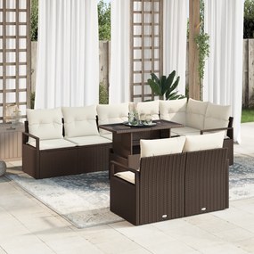 Conjunto de Sofá de Jardim com 9 Peças e Almofadas Castanho Rattan Poliéster