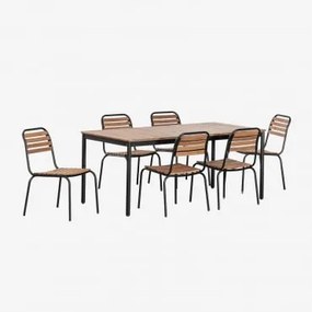 Conjunto De Mesa Retangular Artus 160x90 Cm E 6 Cadeiras De Jardim Empilháveis Em Aço E Madeira De Acácia Preto - Sklum