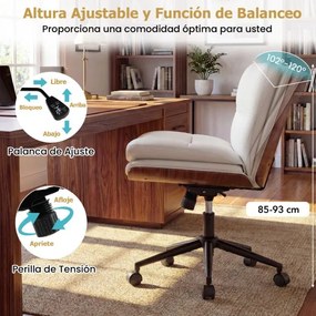 Cadeira de escritório ergonómica, sem braços, com altura ajustável de 85 a 93 cm, encosto reclinável e assento almofadado, Branca