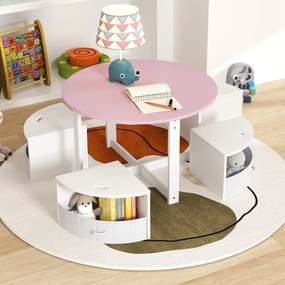Conjunto de mesa redonda e 4 bancos com 4 caixas de tecido para atividades artísticas e de leitura para crianças Rosa