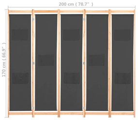 Divisória de quarto com 5 painéis 200x170x4 cm tecido cinzento