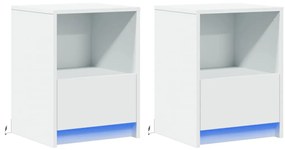 Mesas de cabeceira c/ luzes LED 2 pcs derivados madeira branco