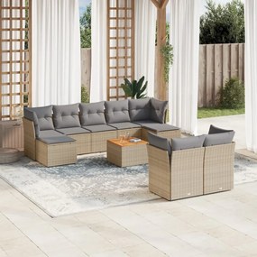 vidaXL 10 pcs conj. sofás jardim c/ almofadões vime PE bege misturado