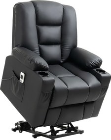 HOMCOM Poltrona relax com auxílio de elevação, USB, função de massagem, couro sintético, até 150 kg, 90x98x102 cm, Preto | Aosom Portugal