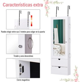 HOMCOM Espelho com Móvel de Bijuterias de Parede ou Porta Armário Porta Jóias com Altura Ajustável 2 Prateleiras Fechadas com Portas e Organizador de Jóias 35,5x9,5x102cm Branco