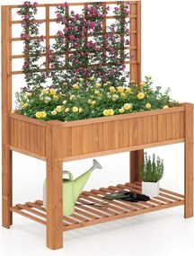 Floreira elevada em madeira com treliça e prateleira, vaso com orifícios de drenagem, caixa para plantas de jardim, cor Castanho