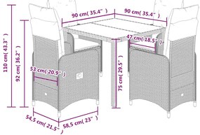 5 pcs conjunto bistrô de jardim c/ almofadões vime PE cinza