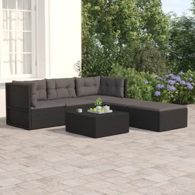 vidaXL 5 pcs conjunto lounge de jardim c/ almofadões vime PE preto