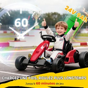 Kart elétrico para crianças de 24 V, Go Kart, motor de 2 x 150 W, modo drift, assento ajustável, arranque progressivo, vermelho