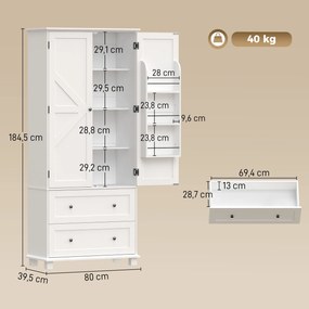 Armário alto de cozinha, armário de cozinha com 2 portas, 2 gavetas, 6 suportes para prateleiras, prateleiras ajustáveis, 80 x 39,5 x 184,5 cm, branco