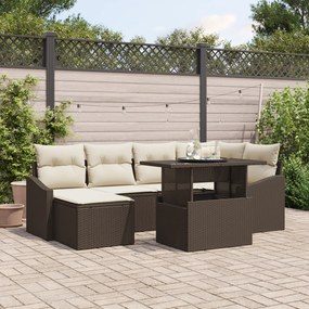 Conjunto de Sofá de Jardim com 7 Peças e Almofadas Castanho em Rattan