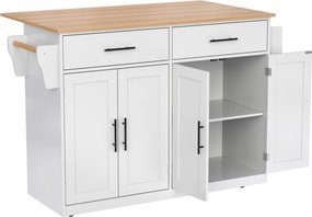 Carrinho de serviço com tampo de mesa dobrável, 2 gavetas e portas duplas, 136x46/71x91,5 cm, Branco+Cor natural| AOSOM Portugal