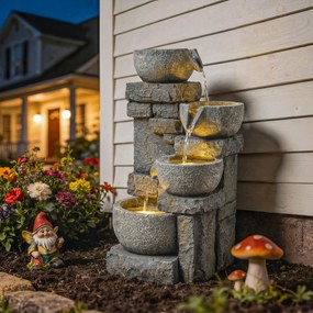 Fonte de Jardim com Iluminação LED e Bomba Decorativa em Cascata de 4 Níveis Fluxo Ajustável, Cinzento