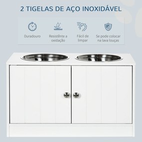 Comedouro Elevado para Cães Grandes com 2 Tigelas de 2000ml de Aço Inoxidável 2 Portas e Armazenamento 60x30x35,5cm Branco
