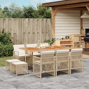 vidaXL 11 pcs conjunto de jantar p/ jardim com almofadões vime PE bege